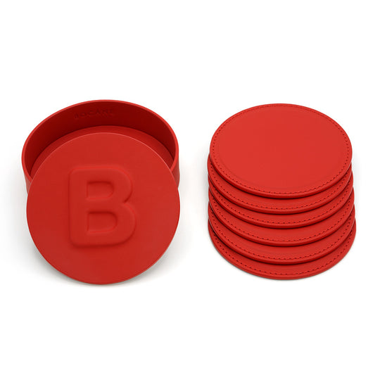 Set 6 Suporturi pentru Pahare in Cutie, din Piele LeMans Rosie
