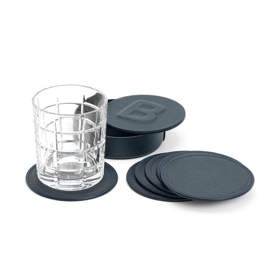 Set 6 Suporturi pentru Pahare in Cutie Eleganta, din Piele Saffiano Albastru-Navy