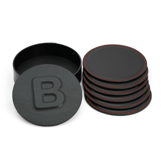 Set 6 Suporturi pentru Pahare in Cutie, din Piele Full-Grain Neagra, Cusatura Rosie