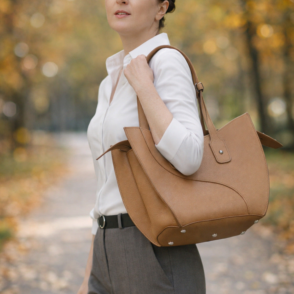 Geanta Ether Midi, Piele Texturata, Cappuccino