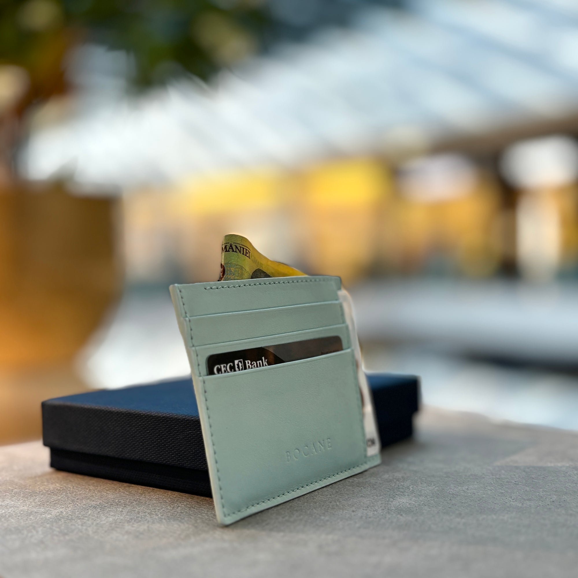 Portcard din Piele Full Grain, Albastru Aqua