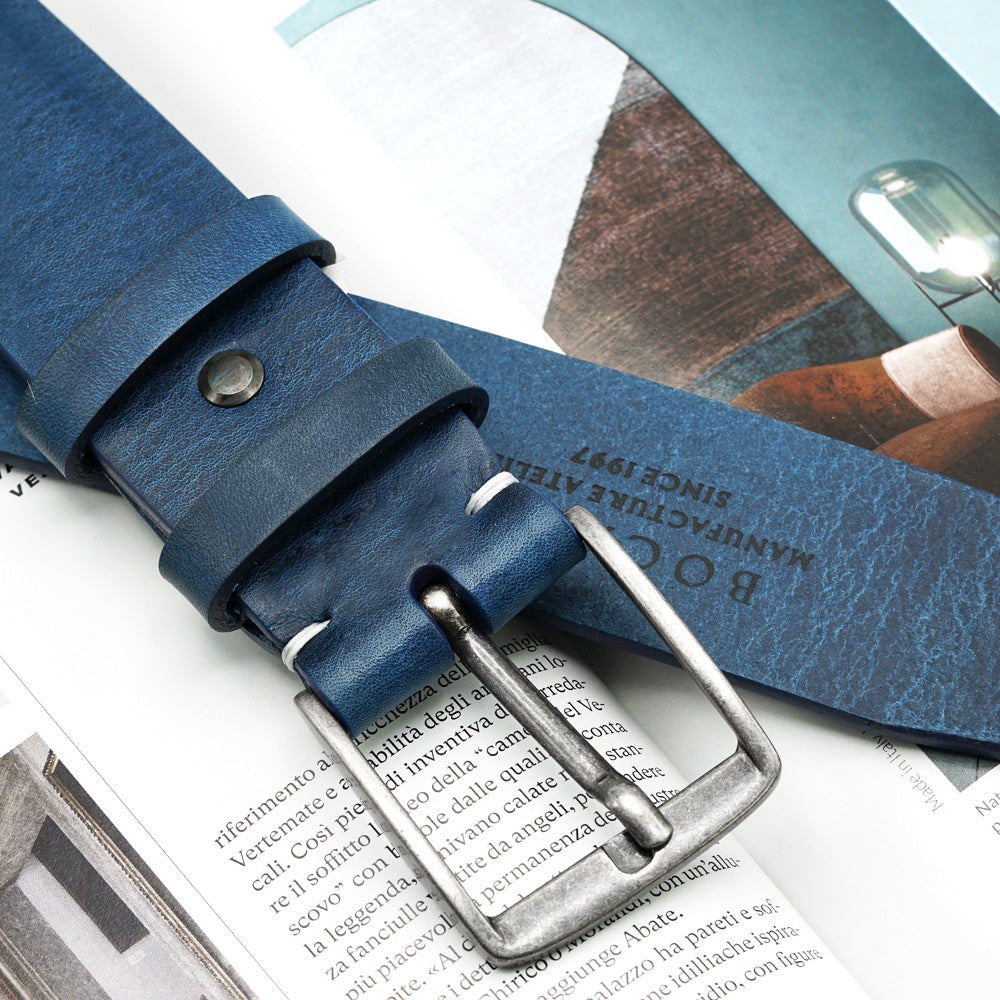 Curea din Piele Italiana, Full-Grain Albastru, pentru Jeans