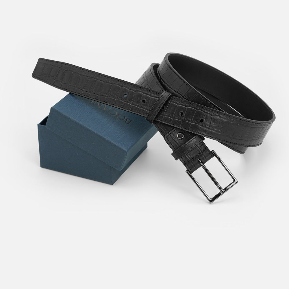 Curea din Piele Neagra cu Imprimeu Crocodil, Colectia Gentleman