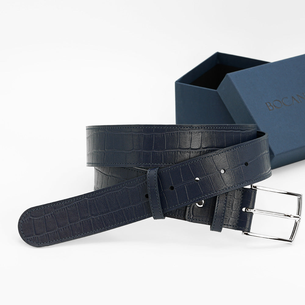 Curea din Piele Imprimeu Crocodil Albastru-Navy, Model Jeans