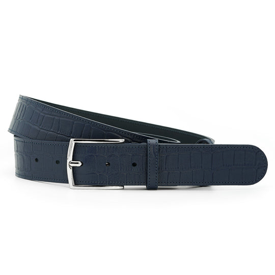 Curea din Piele Imprimeu Crocodil Albastru-Navy, Model Jeans