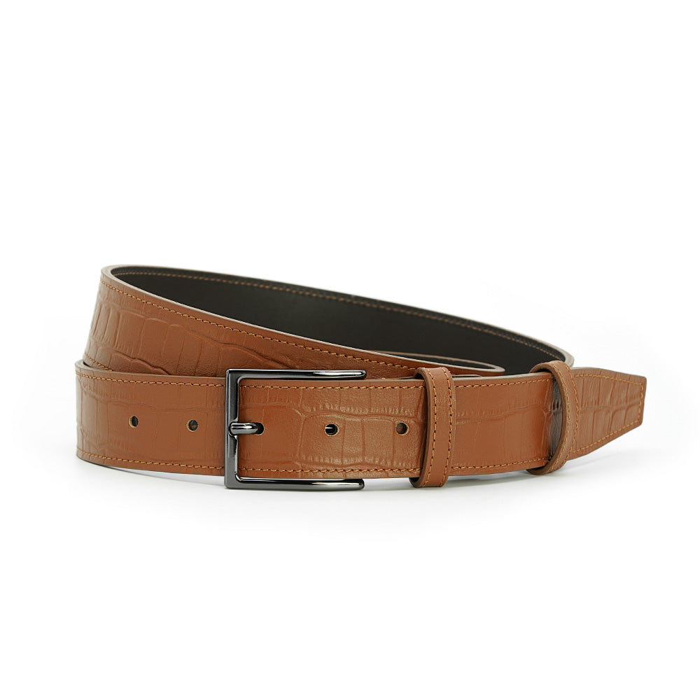 Curea din Piele cu Imprimeu Crocodil, Cognac, Model Elegant