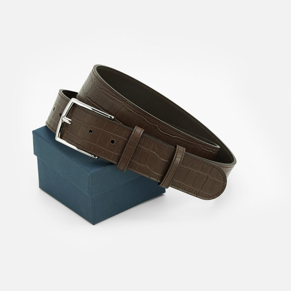 Curea din Piele Imprimeu Crocodil Cafeniu, Model Jeans