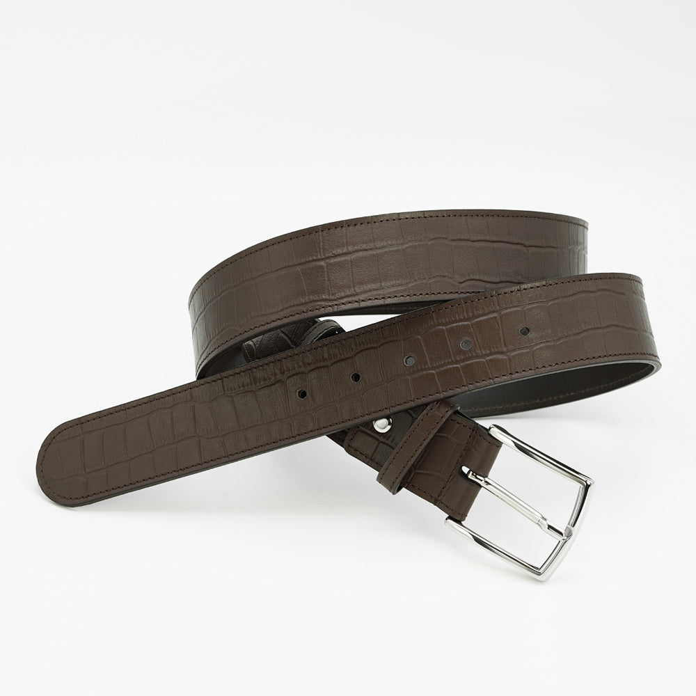 Curea din Piele Imprimeu Crocodil Cafeniu, Model Jeans