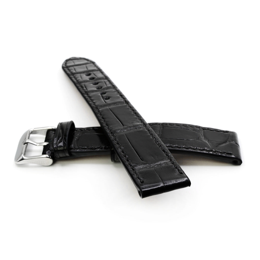 PRECOMANDA Curea de Ceas din Piele de Aligator Neagra cu Solzi Rectangulari, Cusatura Manuala