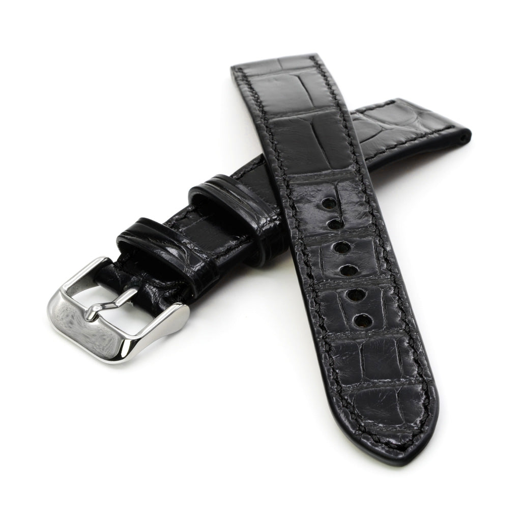 PRECOMANDA Curea de Ceas din Piele de Aligator Neagra cu Solzi Rectangulari, Cusatura Manuala