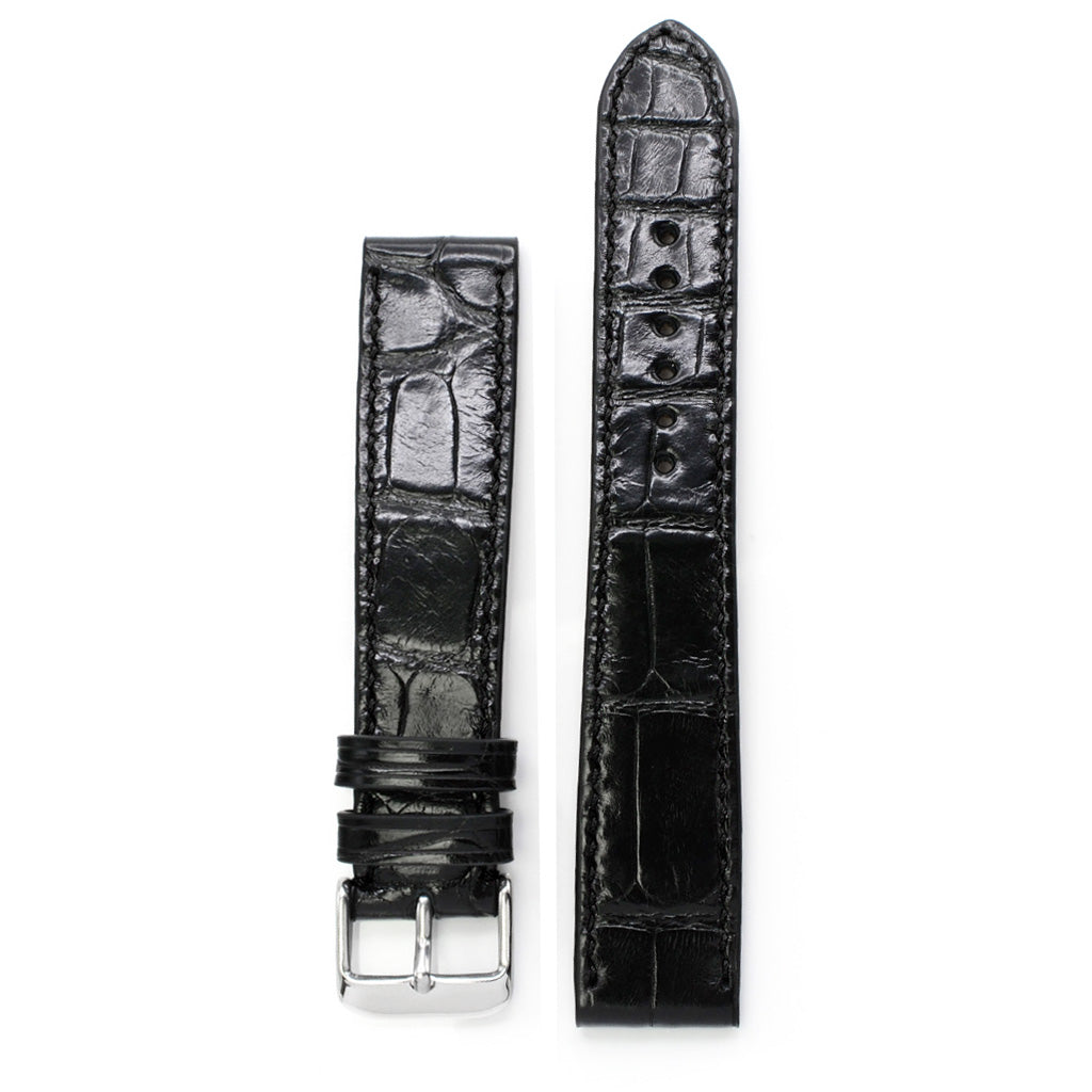 PRECOMANDA Curea de Ceas din Piele de Aligator Neagra cu Solzi Rectangulari, Cusatura Manuala