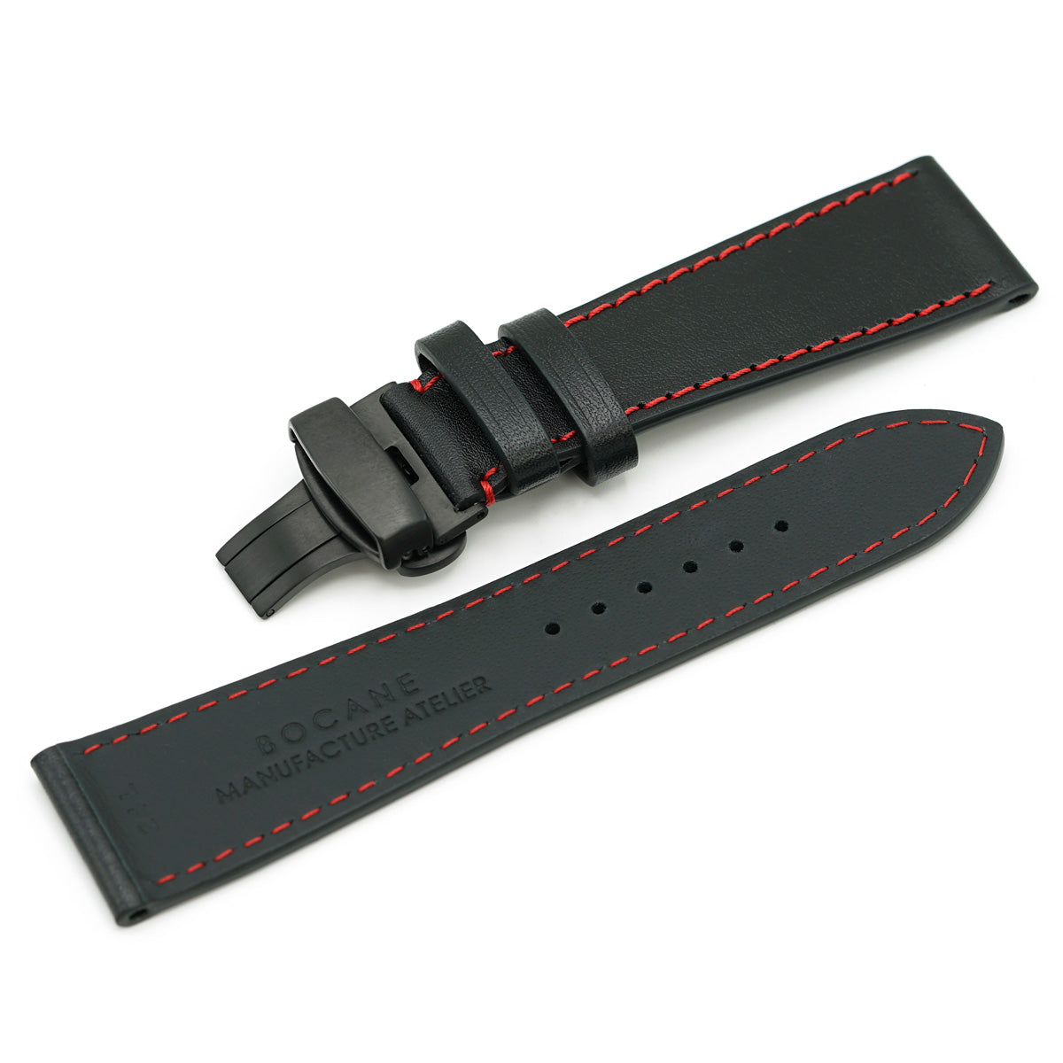 Curea de Ceas din Piele Full-Grain Neagra, Cusatura Rosie, Catarama Deployant