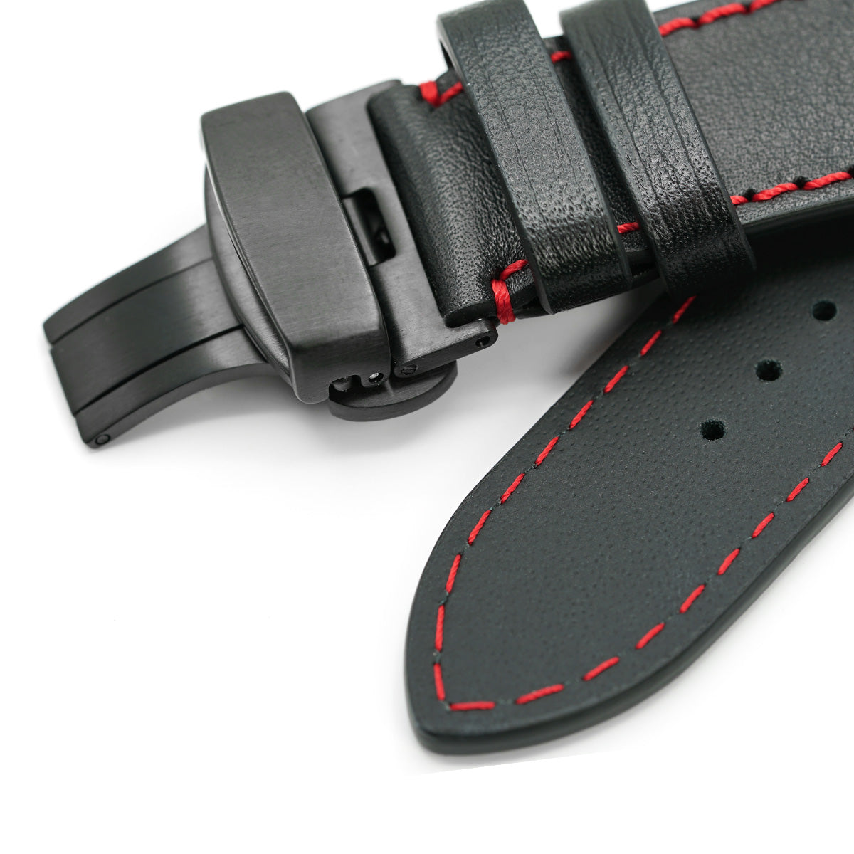 Curea de Ceas din Piele Full-Grain Neagra, Cusatura Rosie, Catarama Deployant
