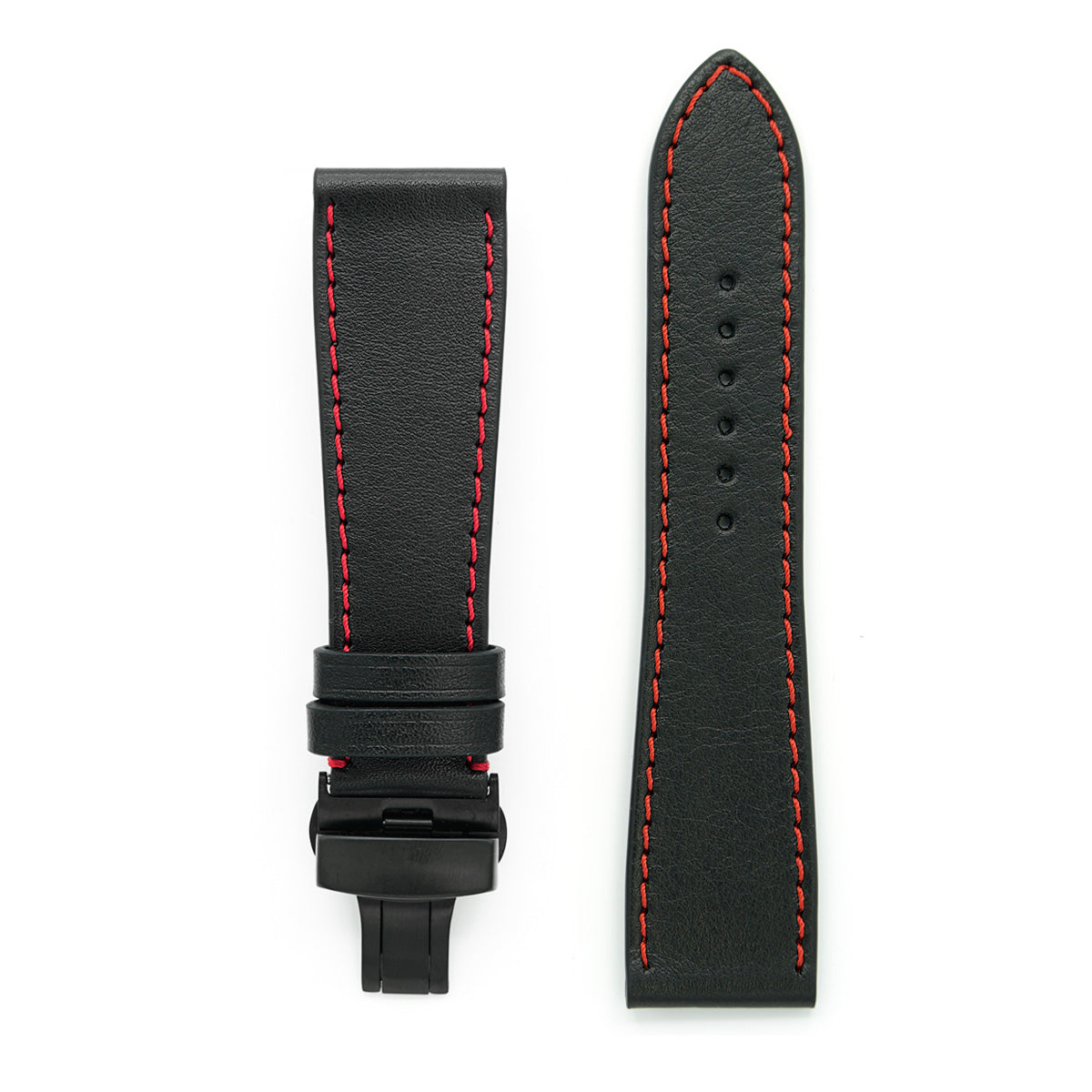 Curea de Ceas din Piele Full-Grain Neagra, Cusatura Rosie, Catarama Deployant