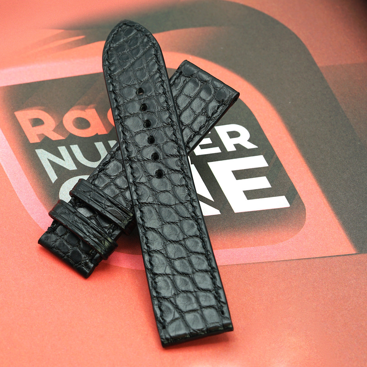 Curea de Ceas din Piele de Aligator, Solzi Rotunzi, Negru Semi-Mat, Cusatura Manuala