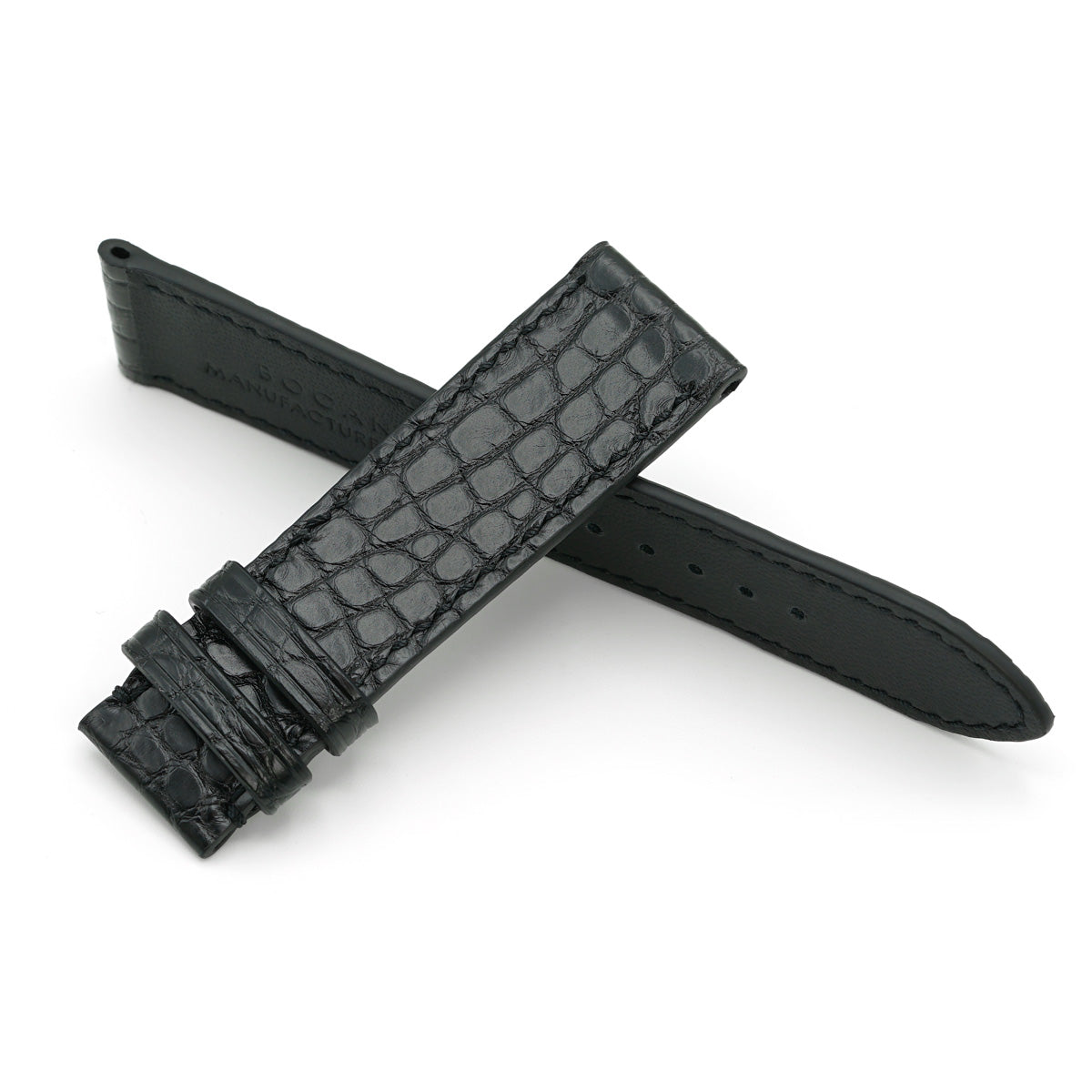 Curea de Ceas din Piele de Aligator, Solzi Rotunzi, Negru Semi-Mat, Cusatura Manuala