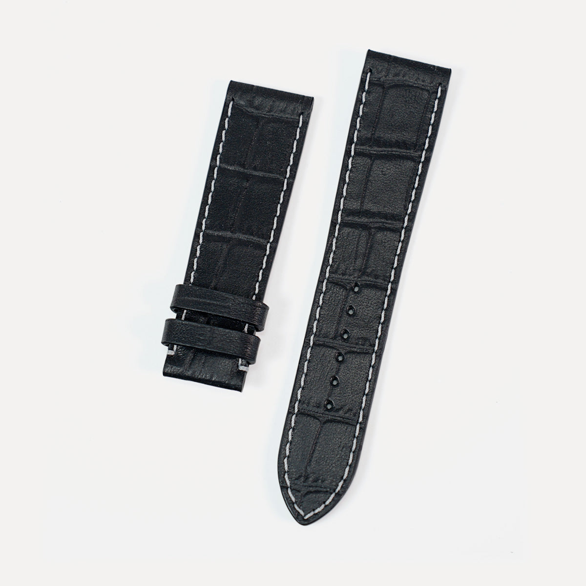 Curea de Ceas din Piele cu Imprimeu Crocodil, Negru Mat, Cusatura in Contrast