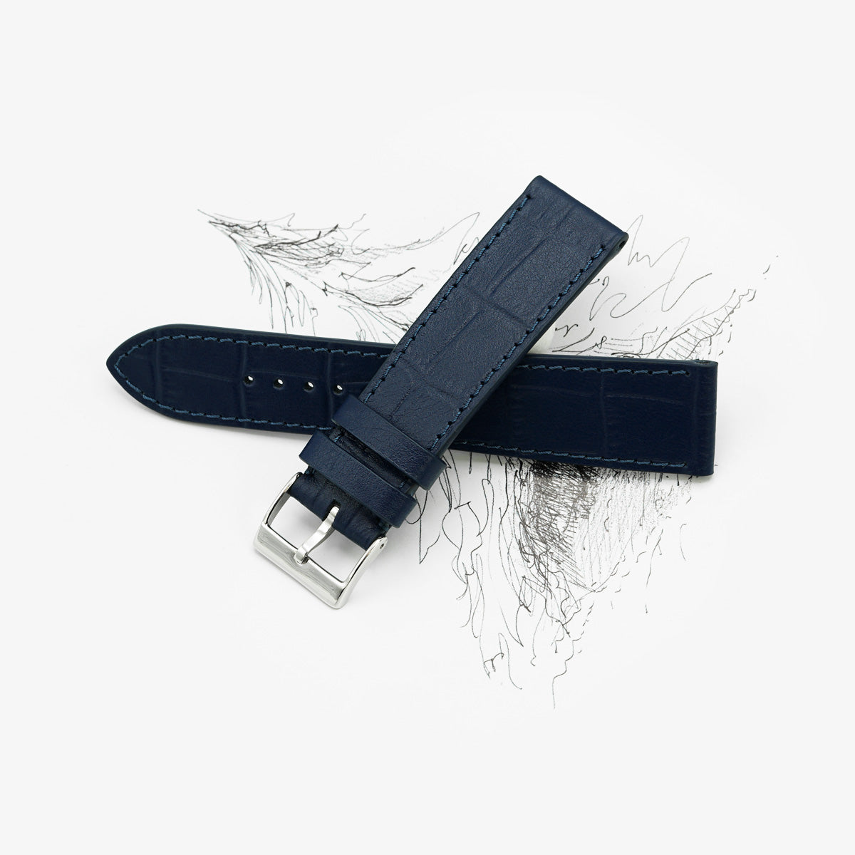 Curea de Ceas din Piele cu Imprimeu Crocodil, Albastru Navy Mat