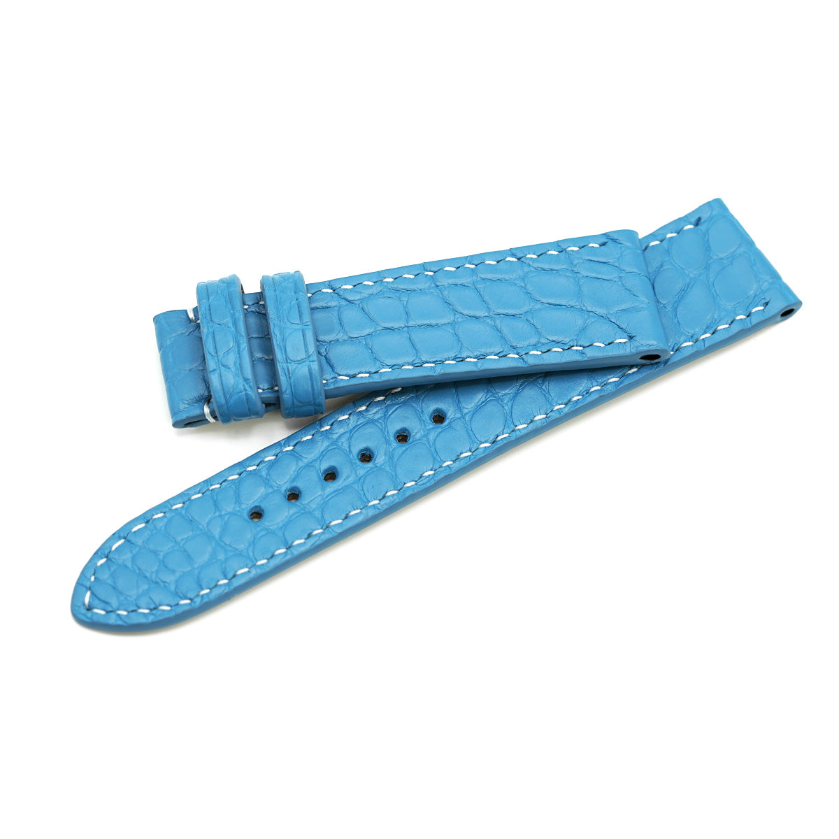 Curea de Ceas din Piele de Aligator, Solzi Rotunzi, Albastru Azur, Cusatura Manuala Contrastanta