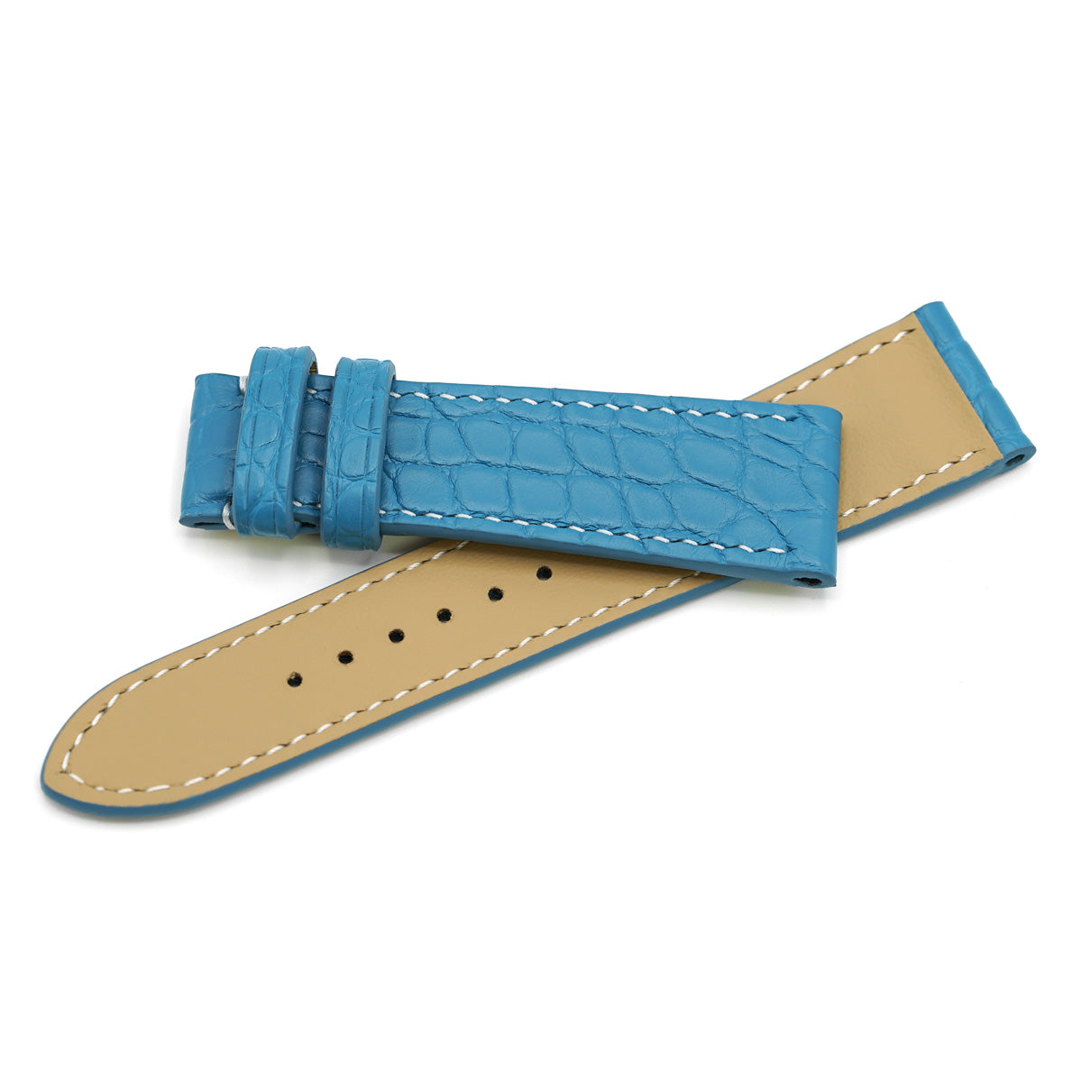 Curea de Ceas din Piele de Aligator, Solzi Rotunzi, Albastru Azur, Cusatura Manuala Contrastanta