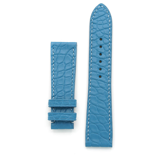 Curea de Ceas din Piele de Aligator, Solzi Rotunzi, Albastru Azur, Cusatura Manuala Contrastanta