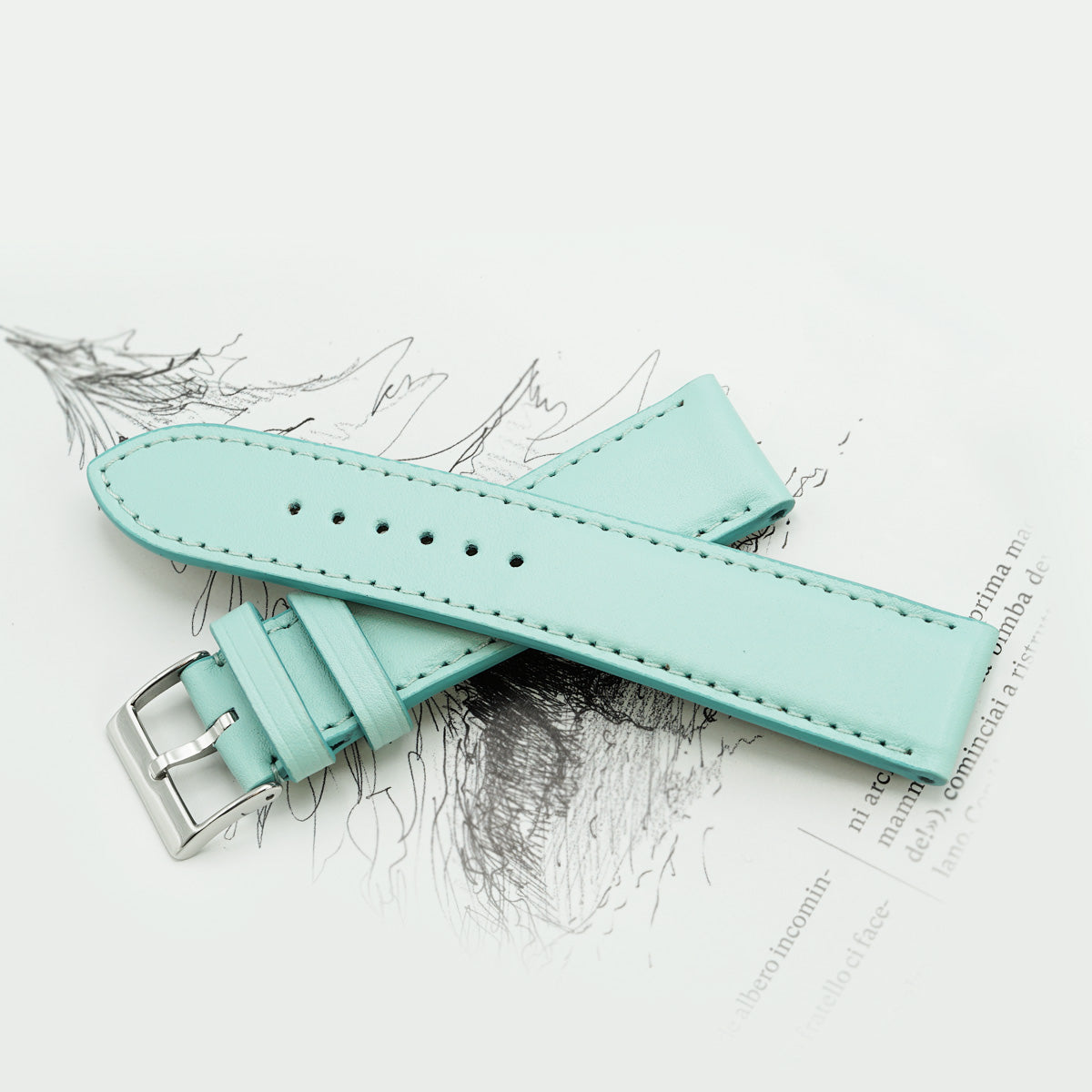 Curea de Ceas din Piele Full-Grain Albastru Aqua, Profil Bombat