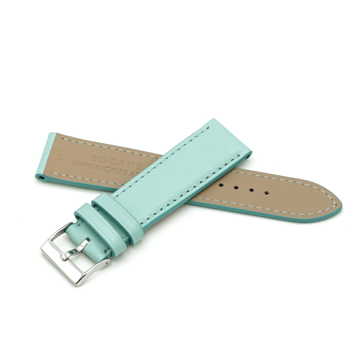 Curea de Ceas din Piele Full-Grain Albastru Aqua, Profil Bombat