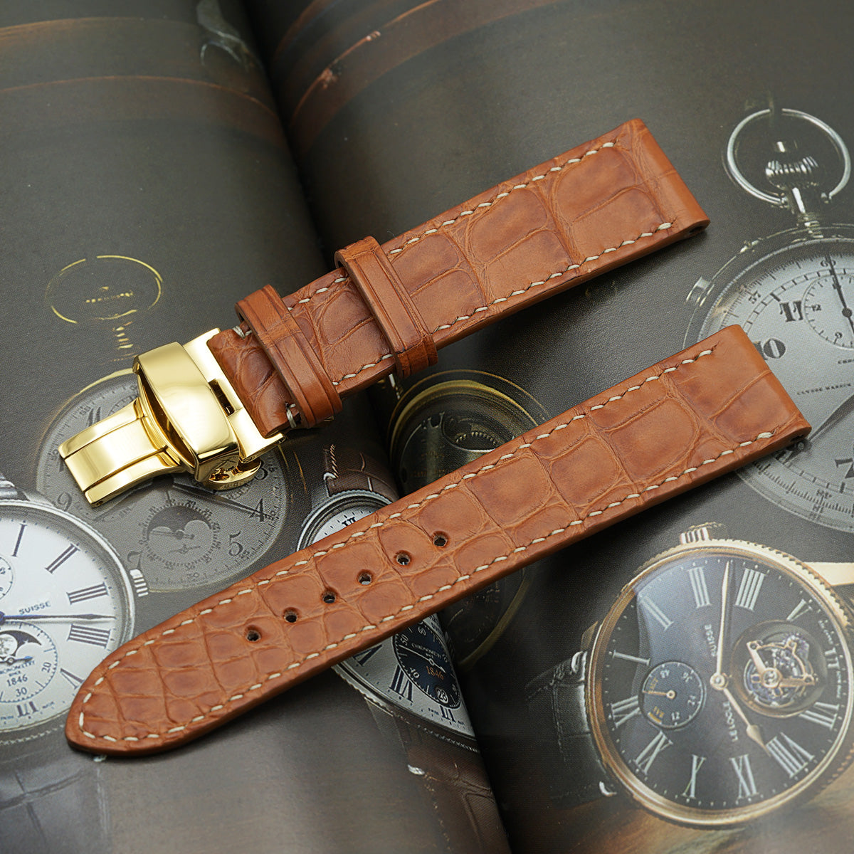 PRECOMANDA Curea de Ceas din Piele de Aligator Cognac cu Solzi Rectangulari, Catarama Deployant