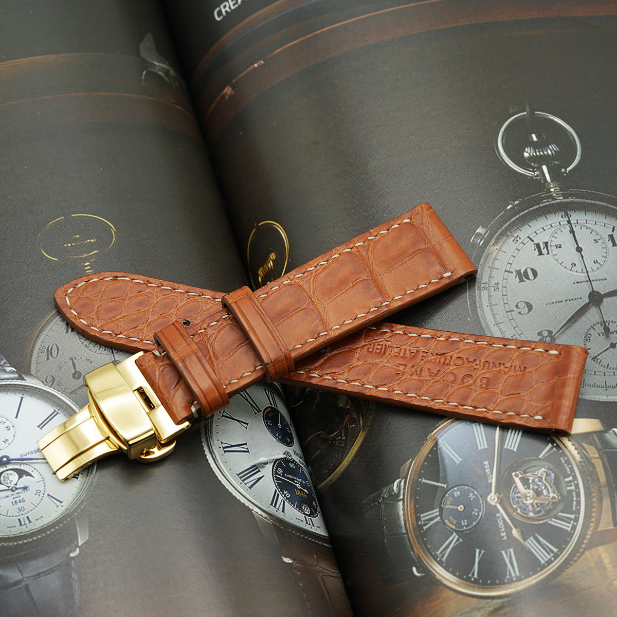 PRECOMANDA Curea de Ceas din Piele de Aligator Cognac cu Solzi Rectangulari, Catarama Deployant