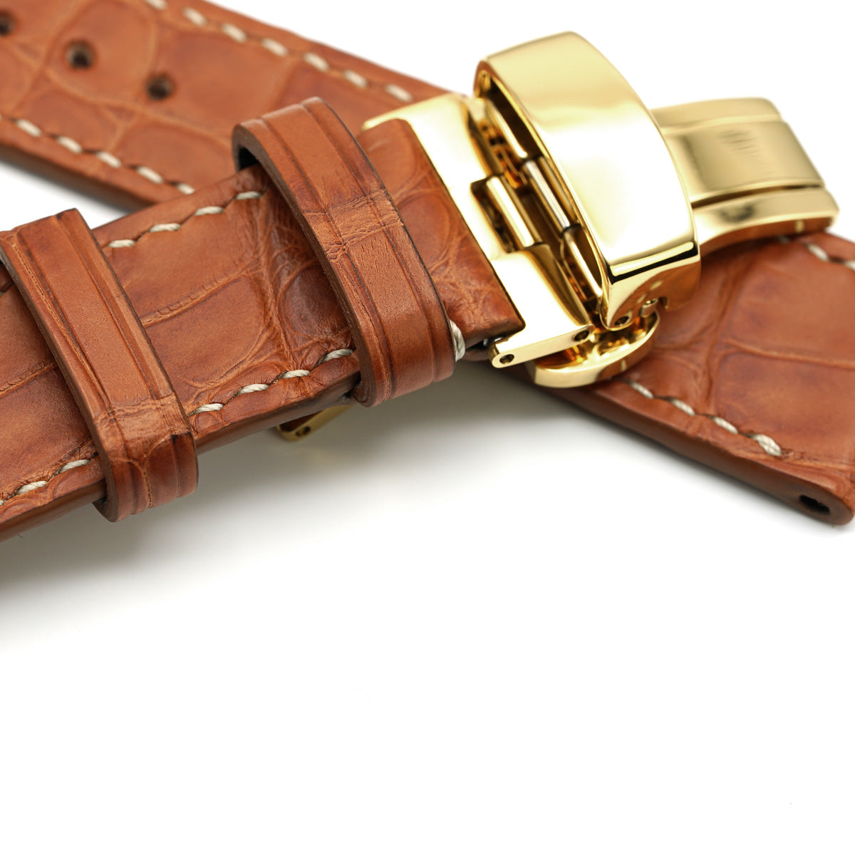 PRECOMANDA Curea de Ceas din Piele de Aligator Cognac cu Solzi Rectangulari, Catarama Deployant