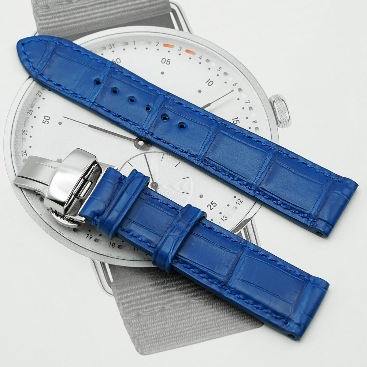 PRECOMANDA Curea de Ceas din Piele de Aligator, Solzi Rectangulari, Albastru-Lapis Semi-Mat, Deployant