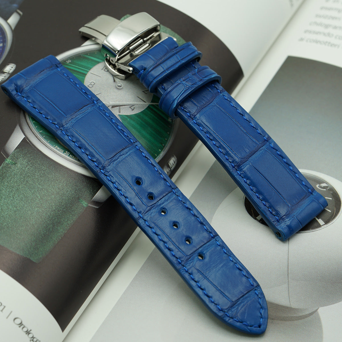 PRECOMANDA Curea de Ceas din Piele de Aligator, Solzi Rectangulari, Albastru-Lapis Semi-Mat, Deployant