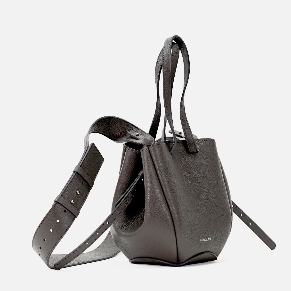 Geanta Mini Pétale, Piele Texturata, Culoare Gri Fumuriu, cu Bareta Lata si Accesorii