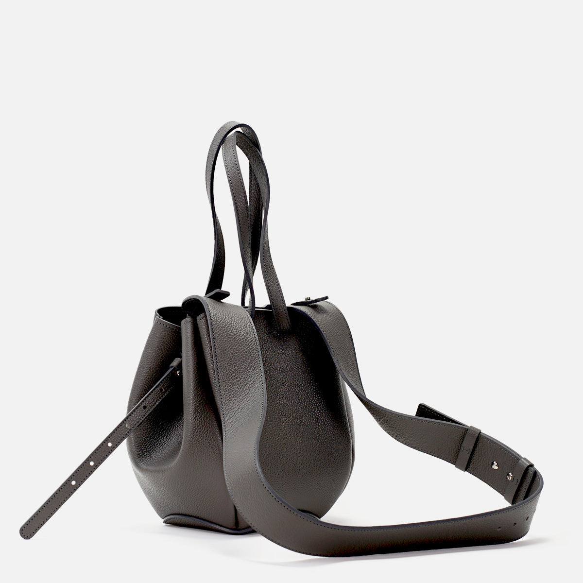 Geanta Mini Pétale, Piele Texturata, Culoare Gri Fumuriu, cu Bareta Lata si Accesorii