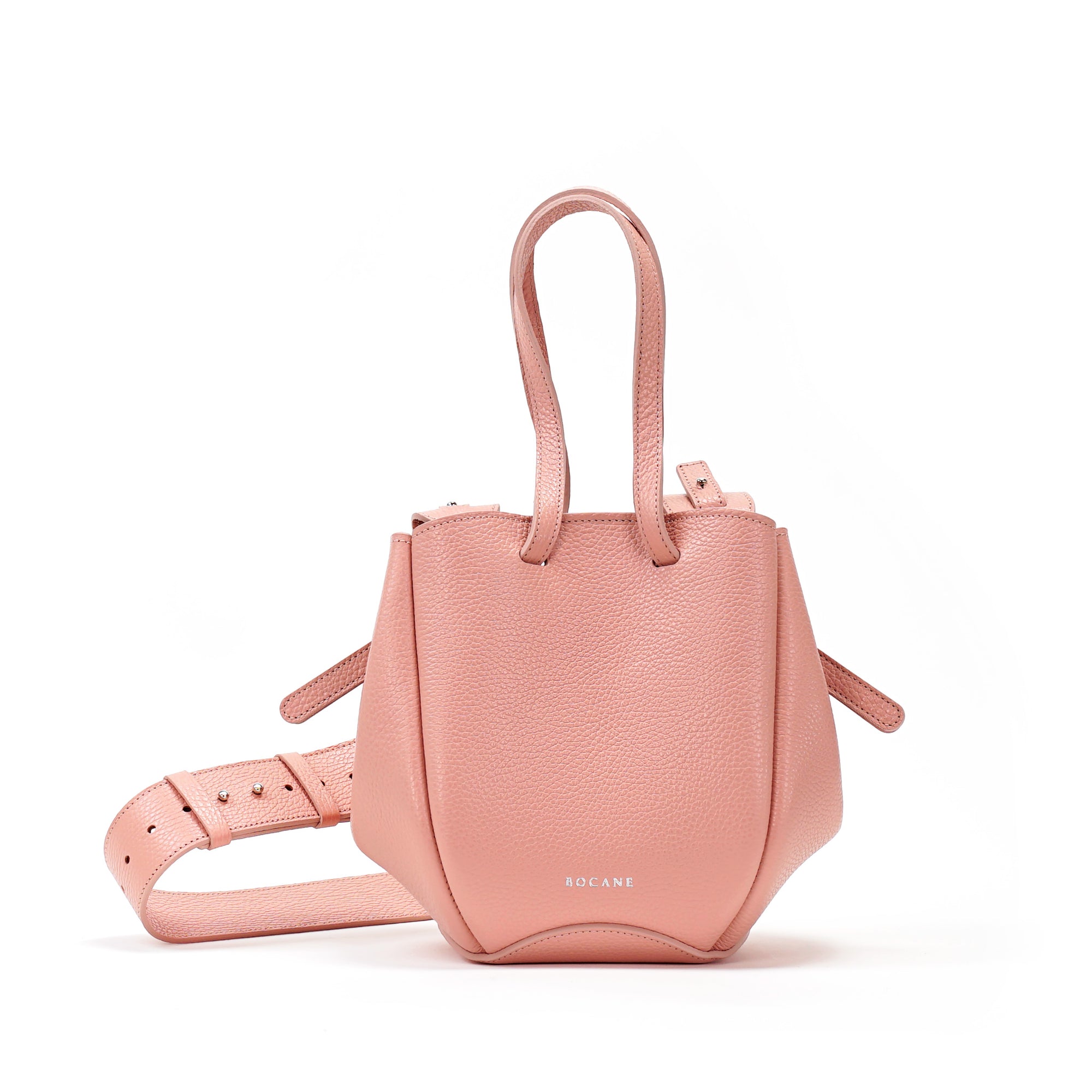 Geanta Mini Pétale, Piele Texturata, Rose Poudré, cu Bareta Lata si Accesorii
