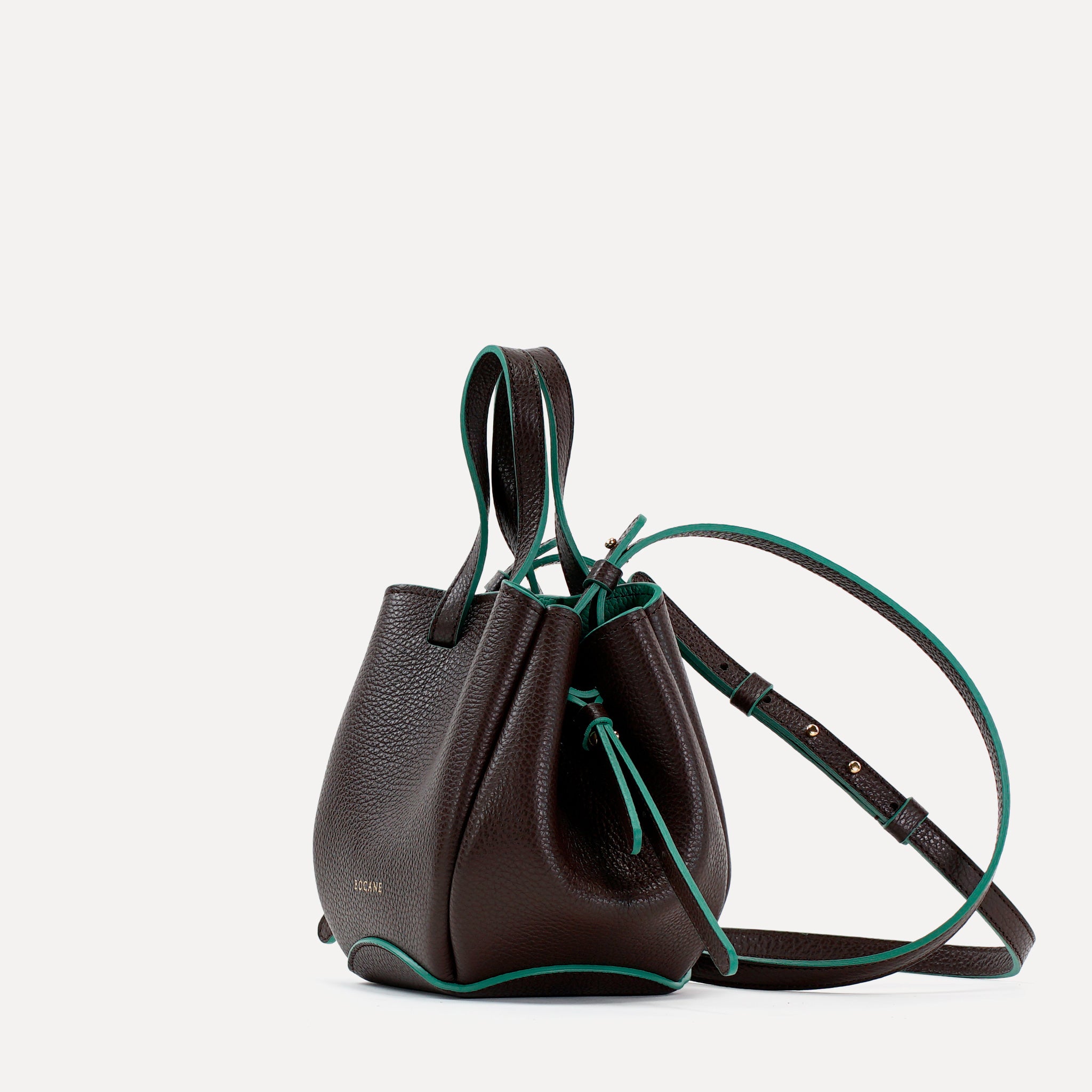 Geanta Bijou Pétale, Piele Texturata, Ciocolata, Contrast Emerald