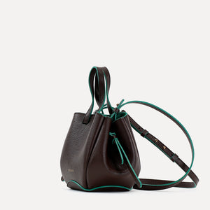 Geanta Bijou Pétale, Piele Texturata, Ciocolata, Contrast Emerald