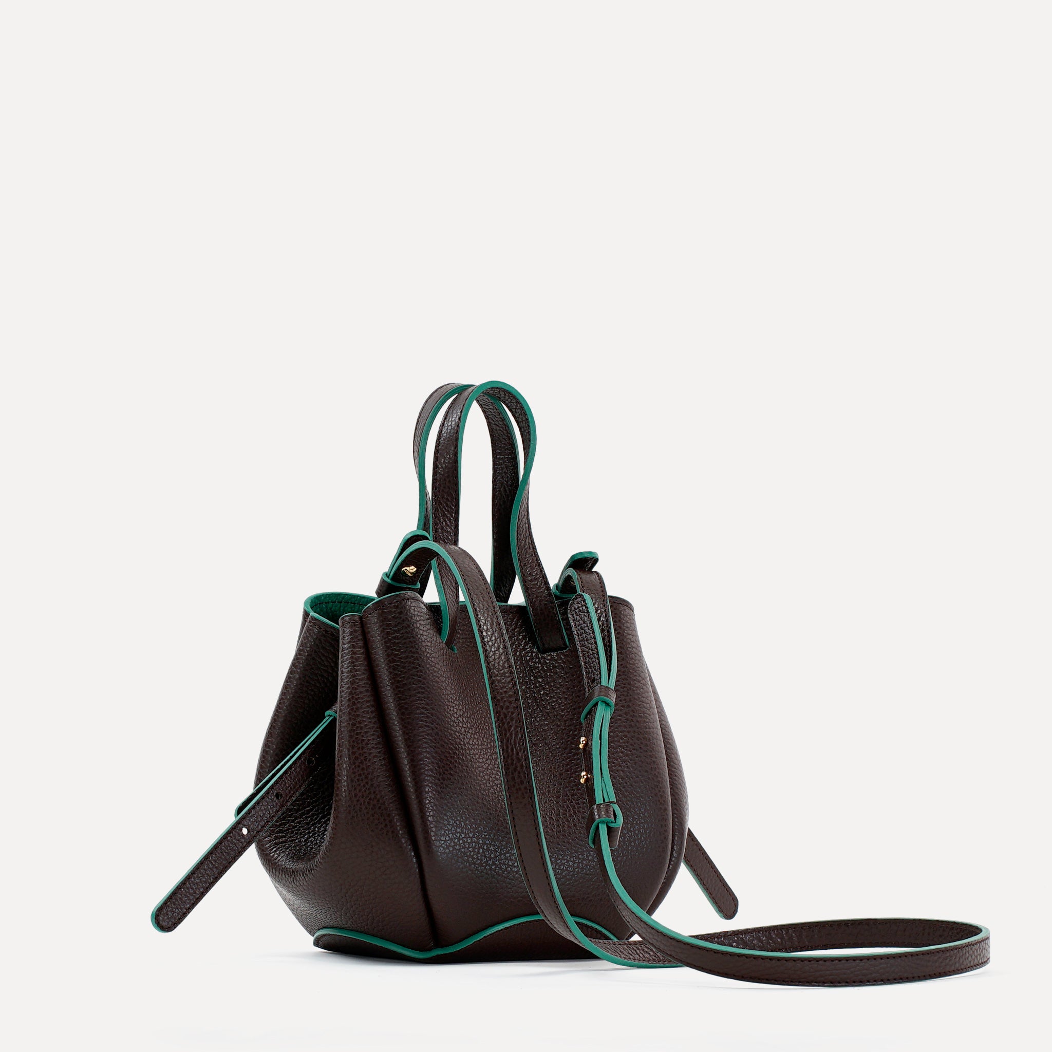 Geanta Bijou Pétale, Piele Texturata, Ciocolata, Contrast Emerald