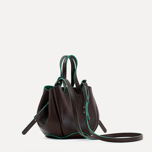 Geanta Bijou Pétale, Piele Texturata, Ciocolata, Contrast Emerald