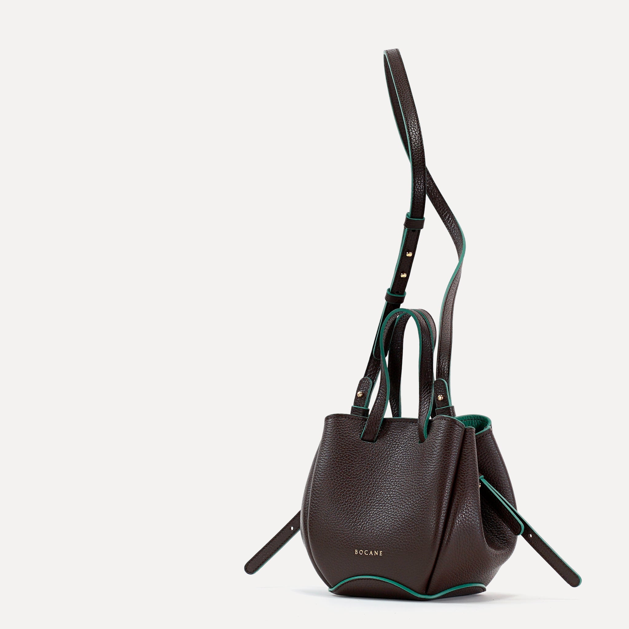 Geanta Bijou Pétale, Piele Texturata, Ciocolata, Contrast Emerald