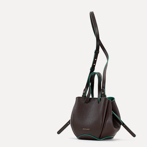Geanta Bijou Pétale, Piele Texturata, Ciocolata, Contrast Emerald