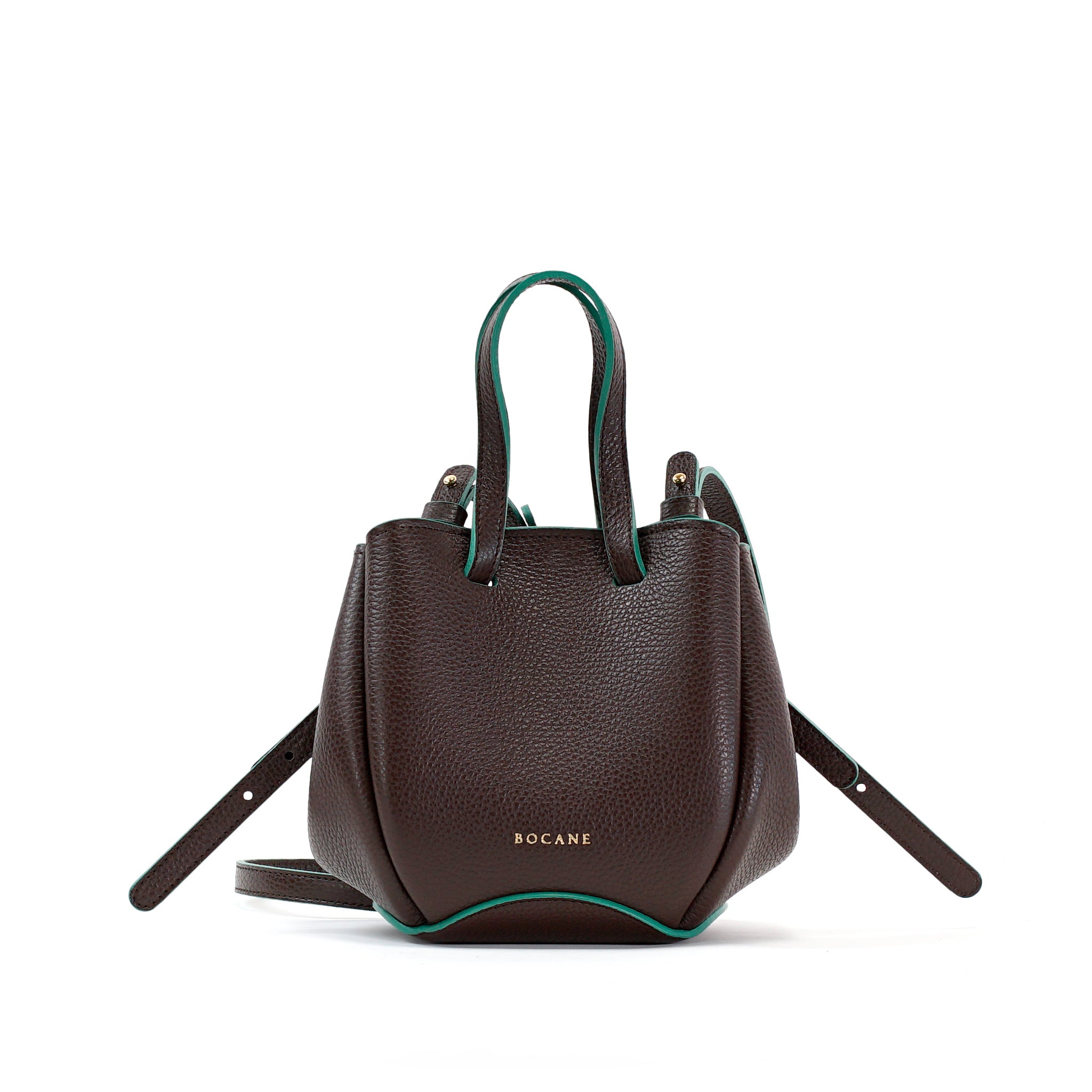 Geanta Bijou Pétale, Piele Texturata, Ciocolata, Contrast Emerald