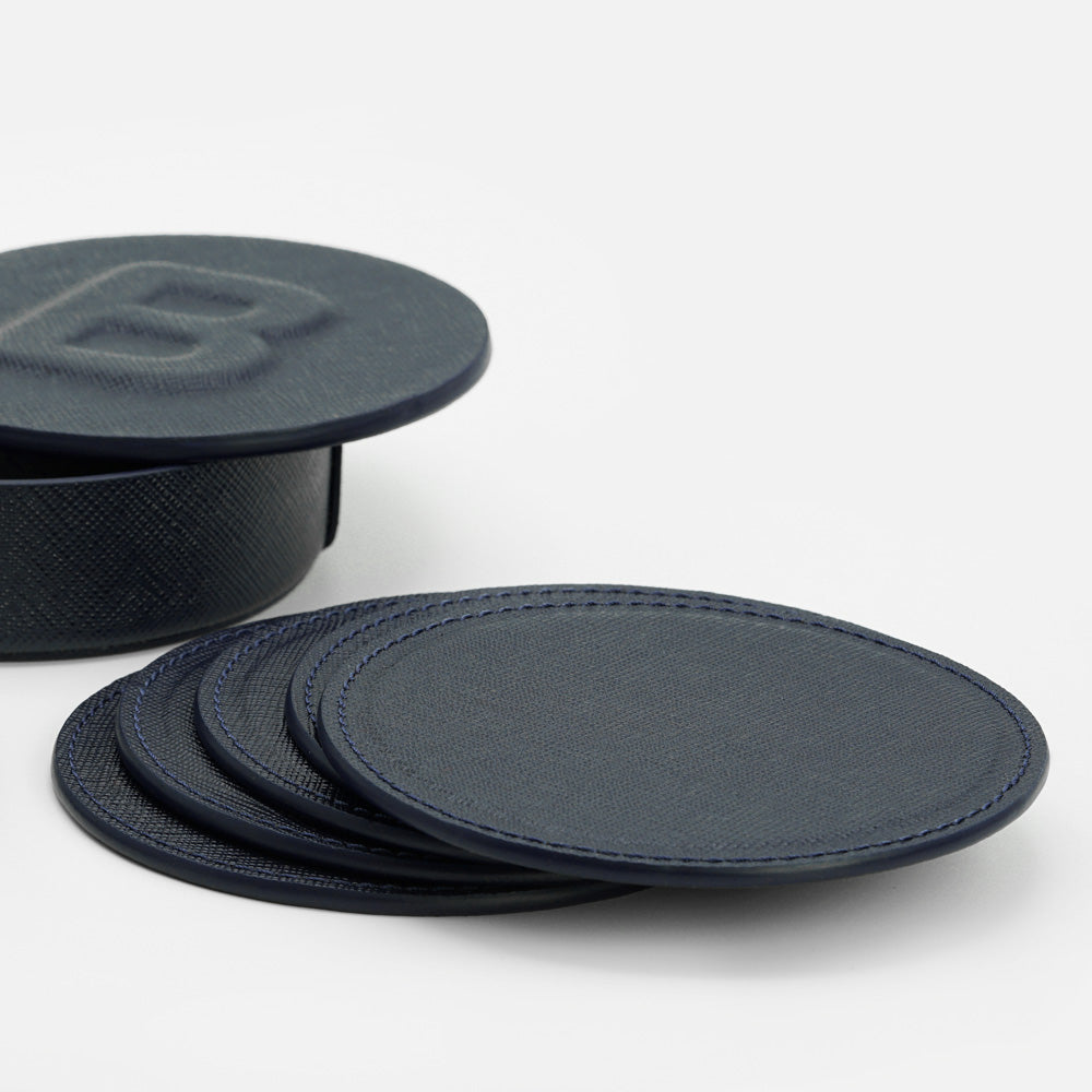 Set 6 Suporturi pentru Pahare in Cutie Eleganta, din Piele Saffiano Albastru-Navy