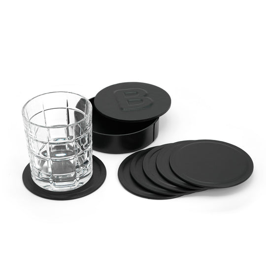 Set 6 Suporturi pentru Pahare in Cutie Eleganta, din Piele Full-Grain Neagra