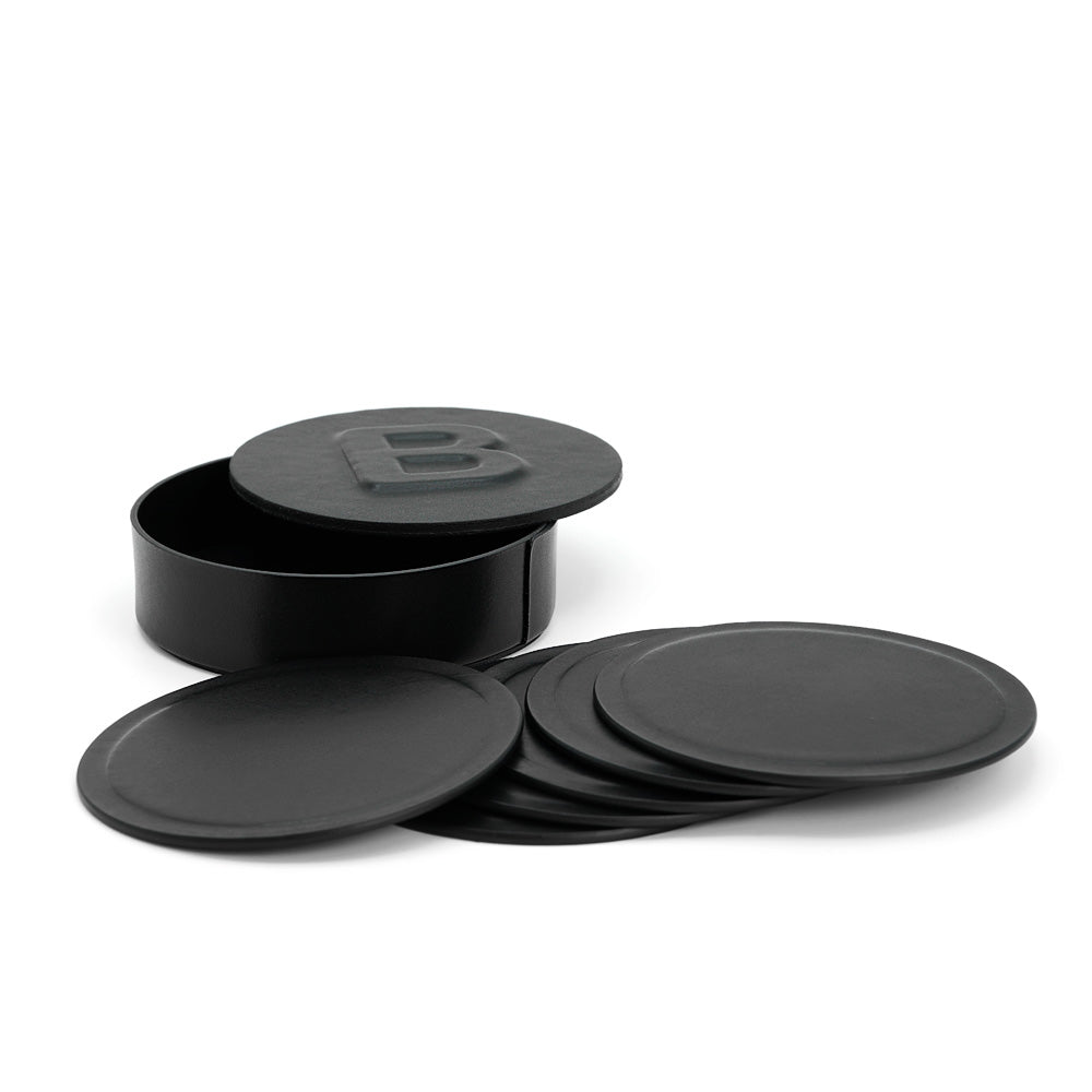 Set 6 Suporturi pentru Pahare in Cutie Eleganta, din Piele Full-Grain Neagra