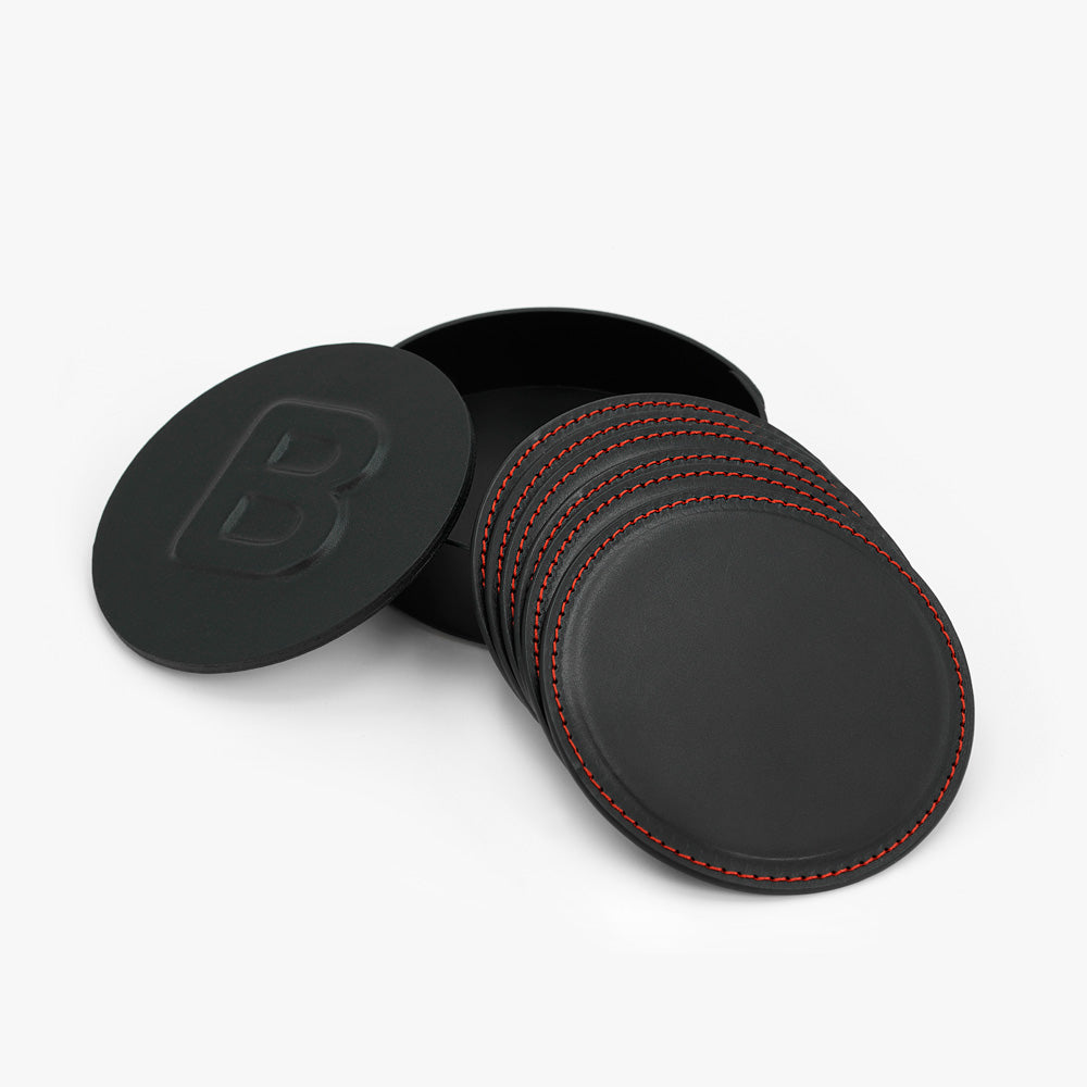 Set 6 Suporturi pentru Pahare in Cutie, din Piele Full-Grain Neagra, Cusatura Rosie