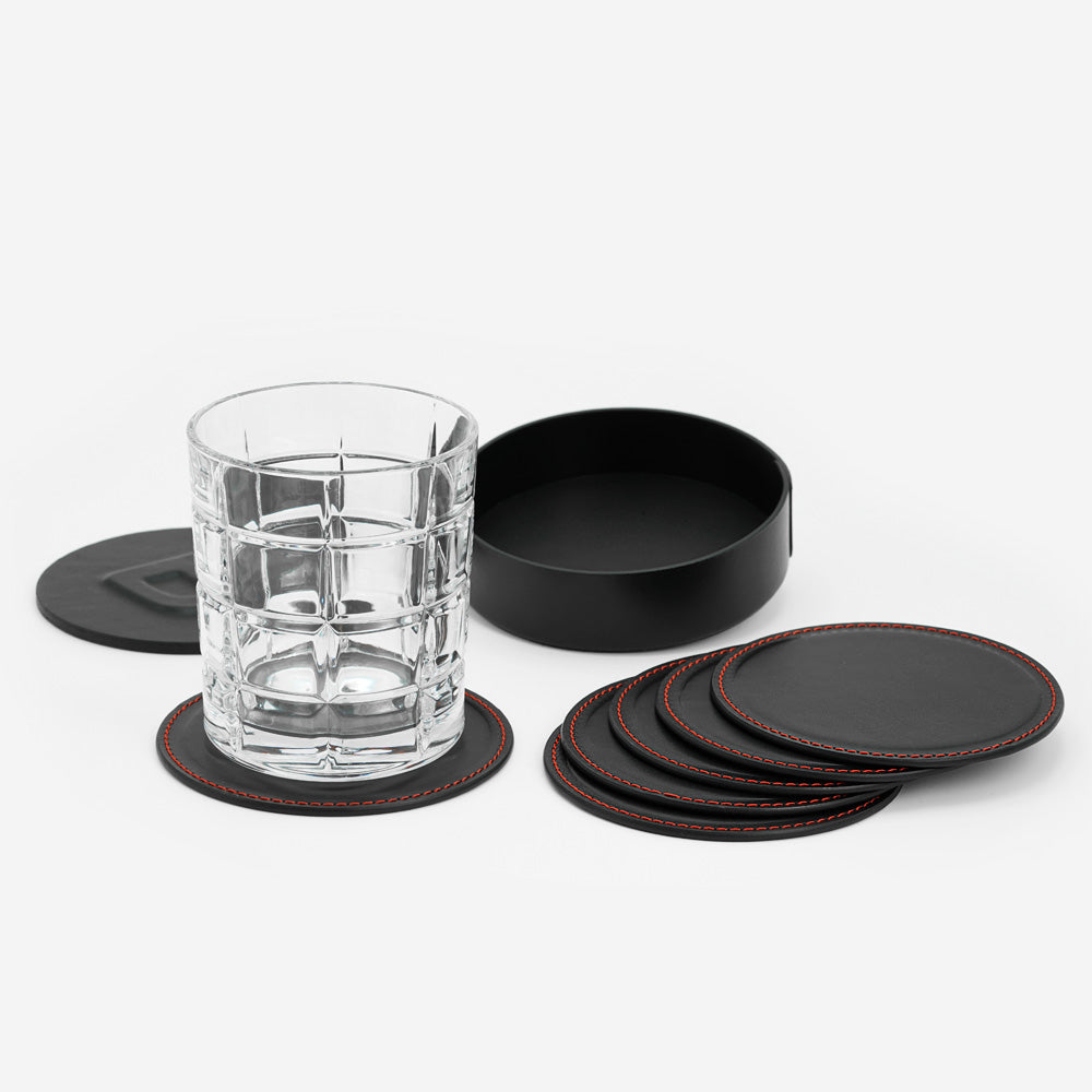 Set 6 Suporturi pentru Pahare in Cutie, din Piele Full-Grain Neagra, Cusatura Rosie
