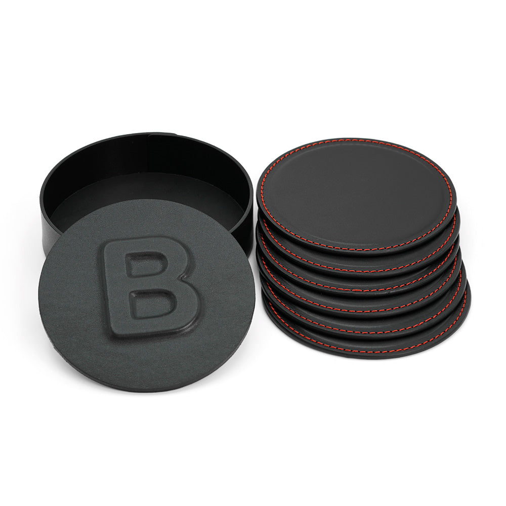 Set 6 Suporturi pentru Pahare in Cutie, din Piele Full-Grain Neagra, Cusatura Rosie