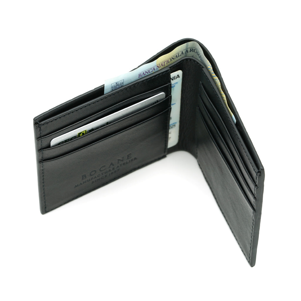 Portofel Slim din Piele cu Imprimeu Crocodil, Negru Mat