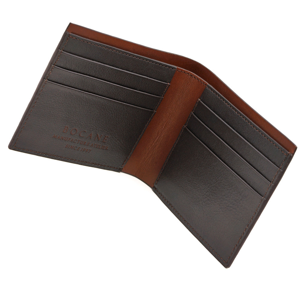 Portofel Slim din Piele Saffiano Cafenie, Contrast Cognac